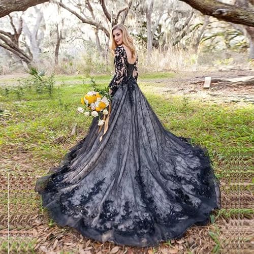 Trhtx Women's Lace Black Wedding Dresses For Bride 2022 Gothic V Neck Bridal Gowns Long Sleeve Wedding Gowns With Train Size 16 #TOP4