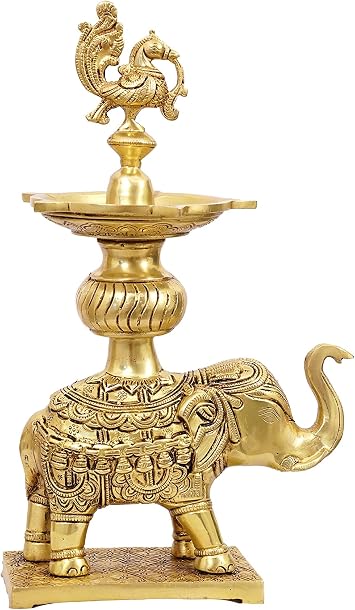 Pooja Diya with Handle for Temple, Puja Room, Home Mandir, Aarti, Gifts by 5 X 12 X 3 in