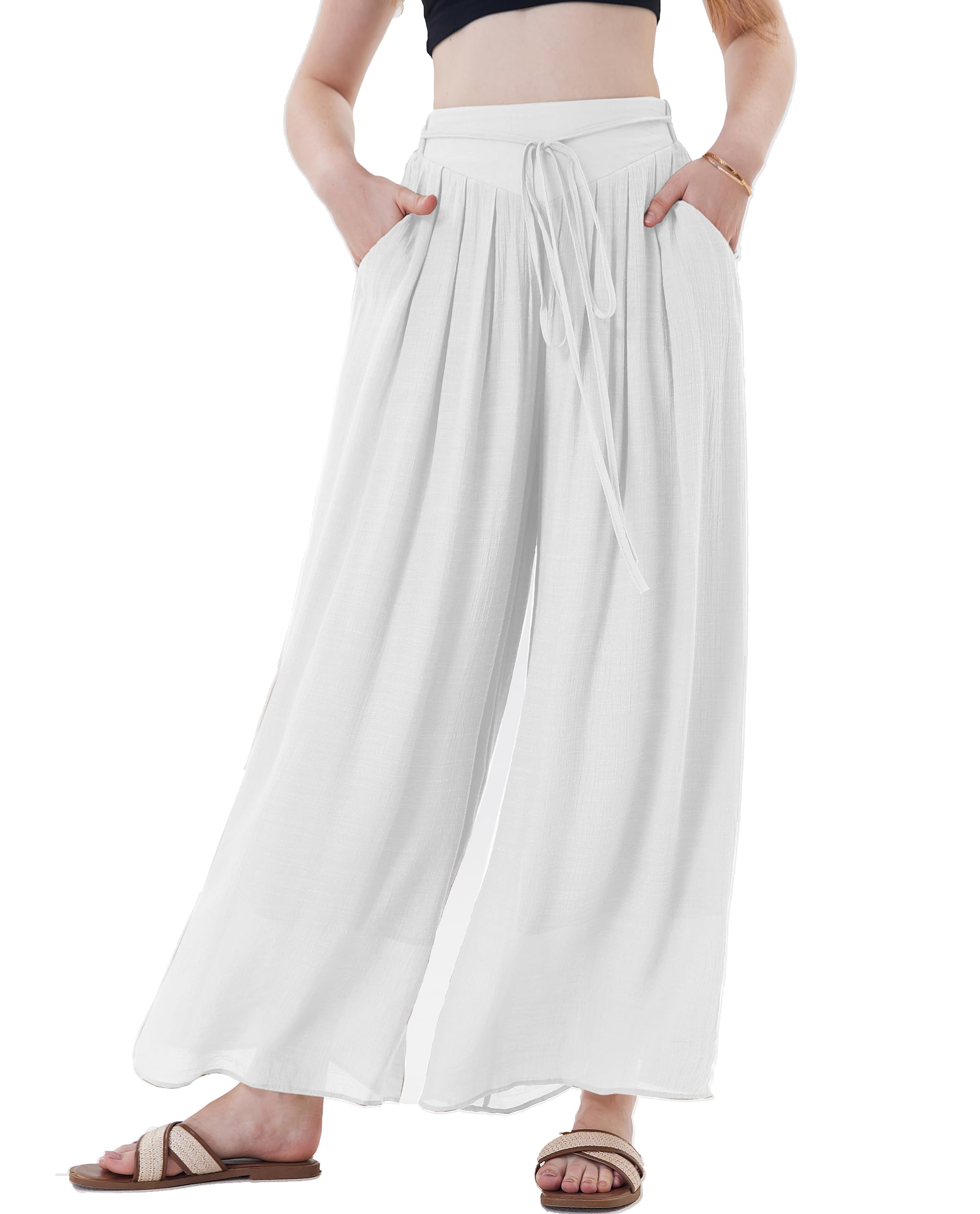 Fakanhui Pantaloni a palazzo da donna in lino, estivi, a gamba larga, a vita alta, casual, eleganti, da salotto