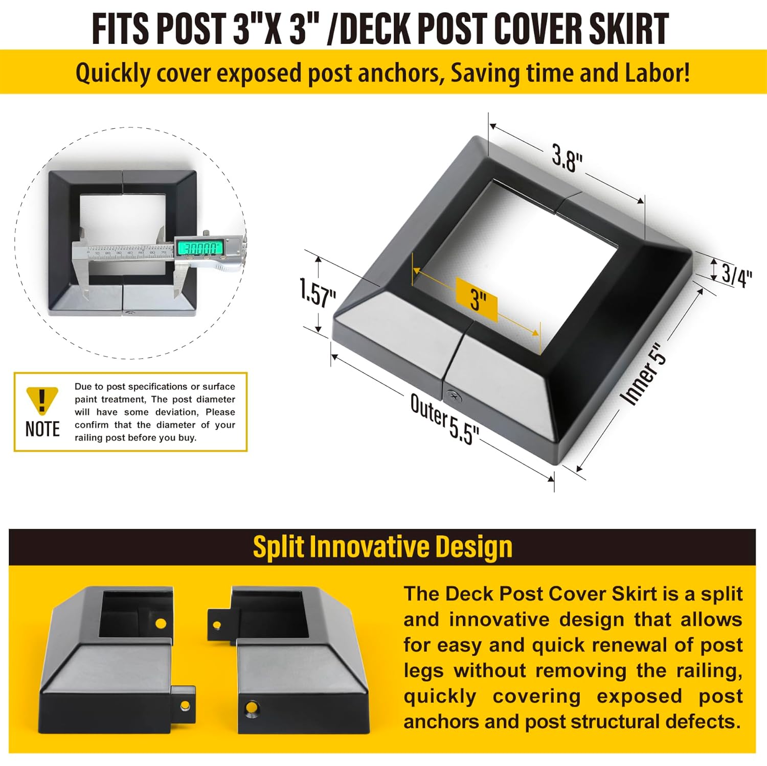 4Pack 3"x3" Deck Post Base Cover Decorative Aluminum, Split Post Cover Skirts Trim for Deck Railings丨Stairs Black