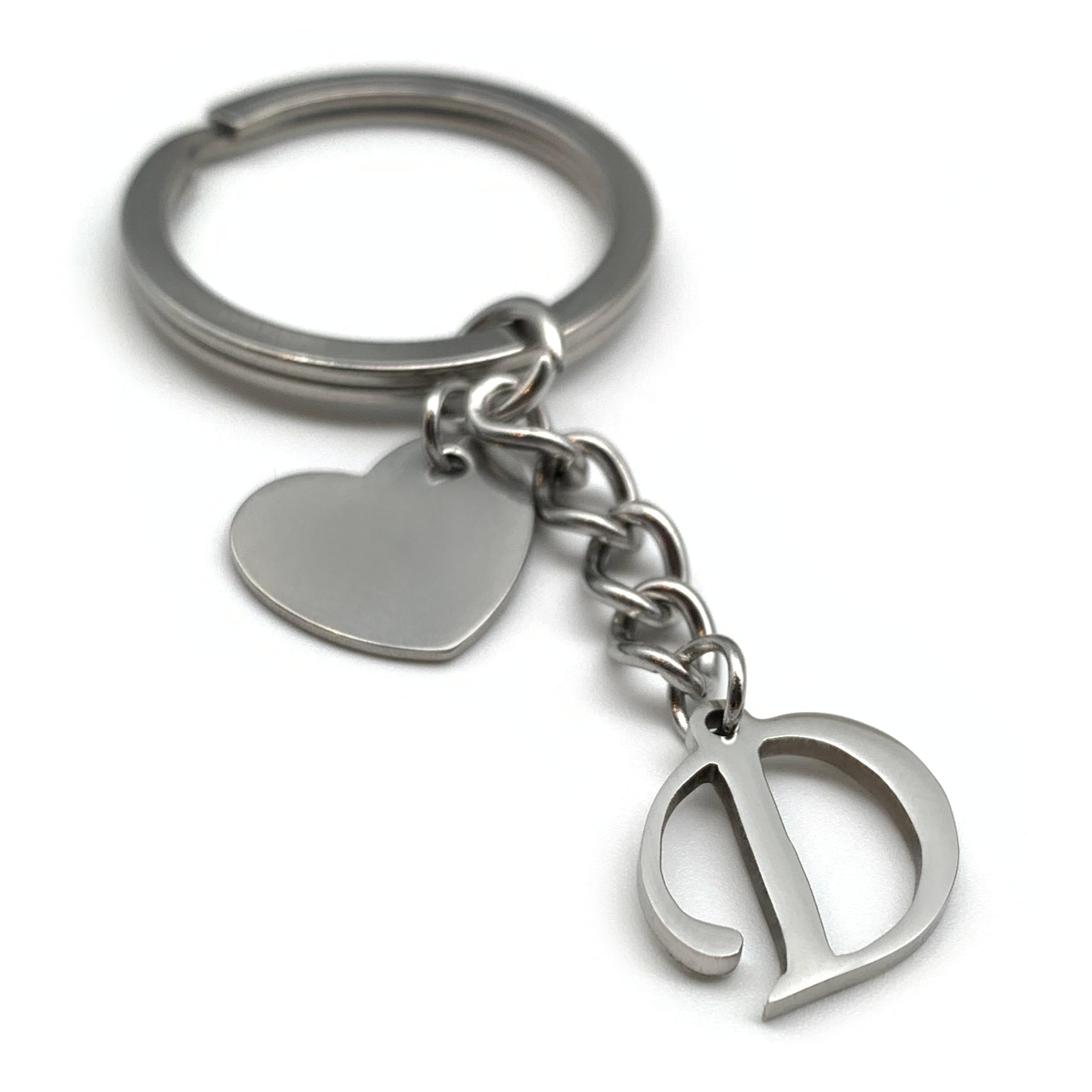 EVEMATE Keyring Letter with Heart - Initial A-Z Pendant Keychain - Handmade Stainless Steel - Name Gift Car Friend Partner (D)