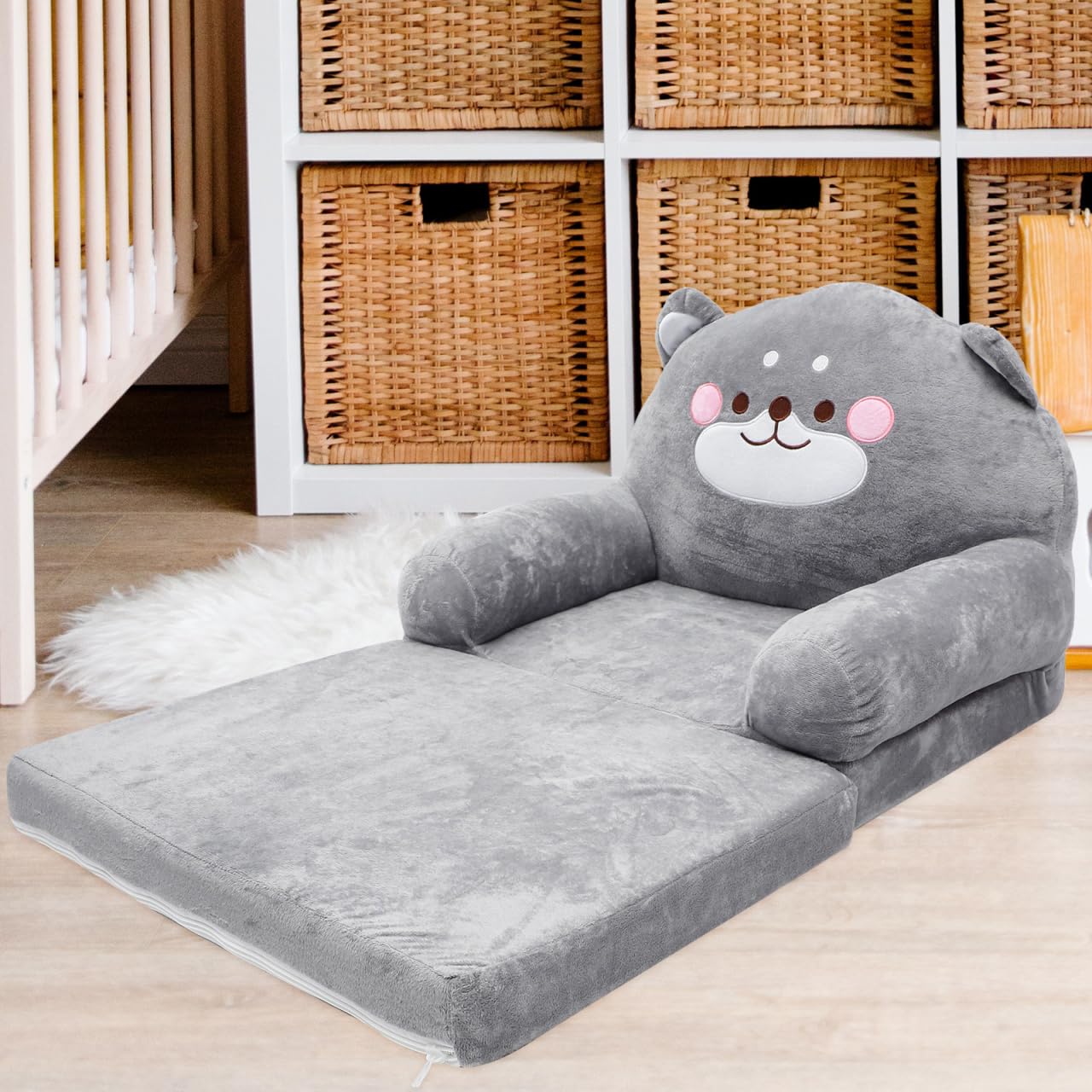 Hemobllo Sofá Cama Infantil 2 en 1 Plegable, 90x50 cm, Felpa Gris Oso, Funda Lavable, Convertible Sillón-Tumbona para Dormitorio, Guardería, Regalo Niños 1-4 Años