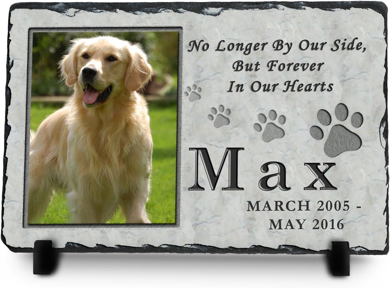 Custom Pet Memorial Stone | Pet Remembrance Slate | Memorial Stone Plaque | Personalized Dog or Cat Photo | No Longer by Our Side, But Forever in Our Hearts (8x12 in)