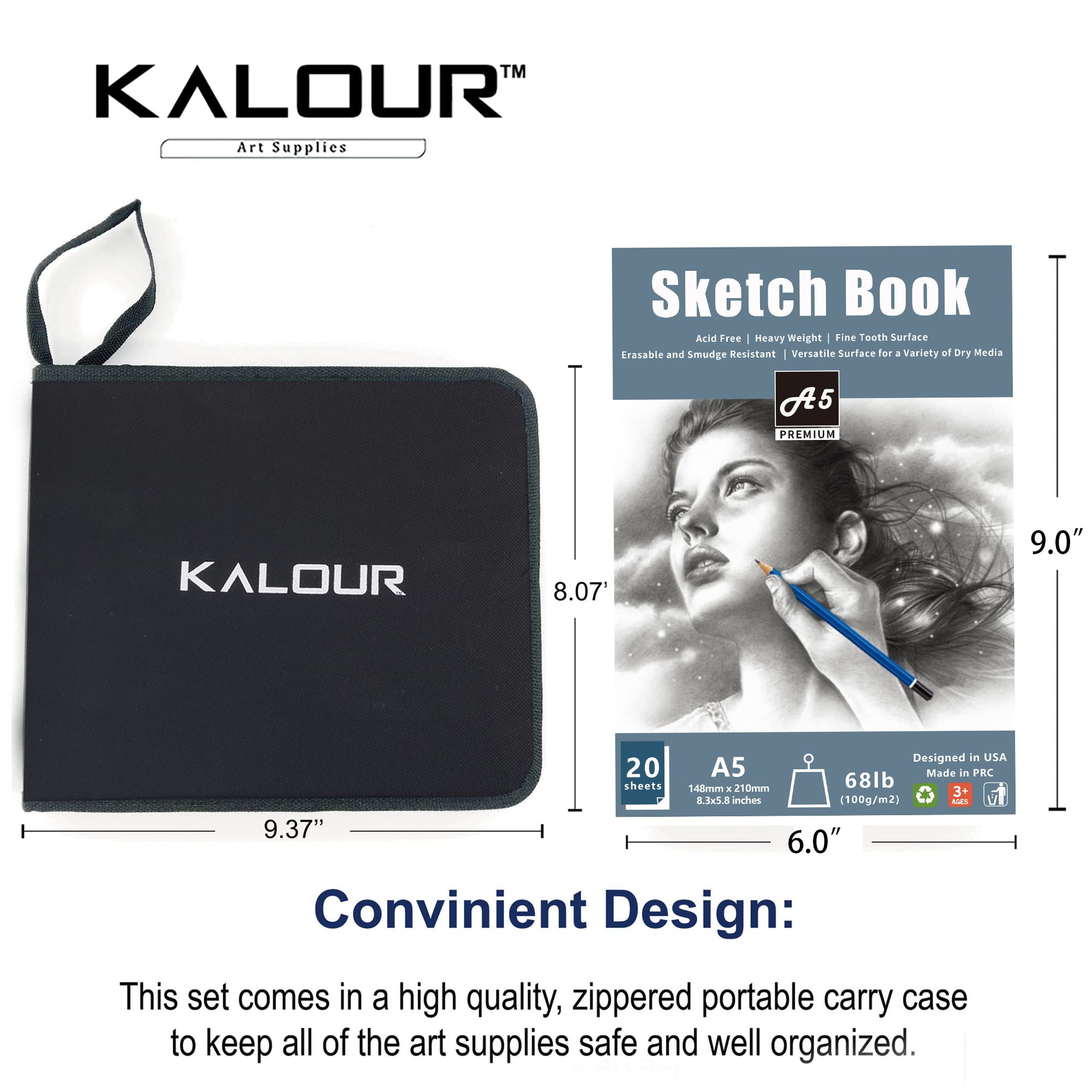 KALOUR 34 Sketching Pencil Set with Sketchbook - Zippered Travel Case - Sketch,Charcoal,Eraser - Art Drawing Supplies for Beginner, Kids,Adults
