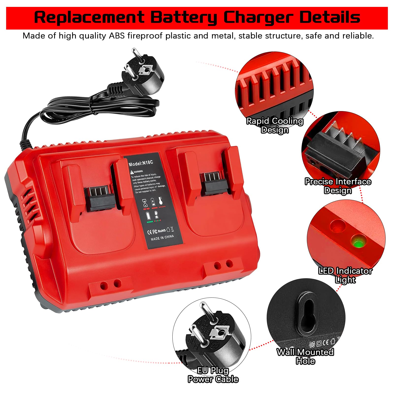 Caricabatterie Compatibile con Milwaukee M18 18V, Doppia Porta Rapida | Caricatore multiplo di ricambio compatibile con 48-59-1812/1802/1804, ricarica due batterie contemporaneamente