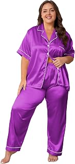 Vozanet Women's Button Down Satin Pajama Sets Silky Short Sleeve Top & Pants Plus Size Loungewear Classic Sleepwear XL to 5XL