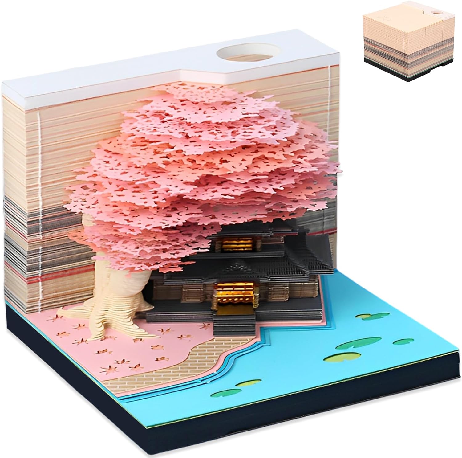 3D Art Memo Pad, Creative Stereoscopic Desk Note, LED Light Non-Sticky Notes Convenience Post Notes, Tear-Away 3D Paper Carving Art Note Pad, Temple of Heaven Sculpture Decoration Gift (Sakura Tree)