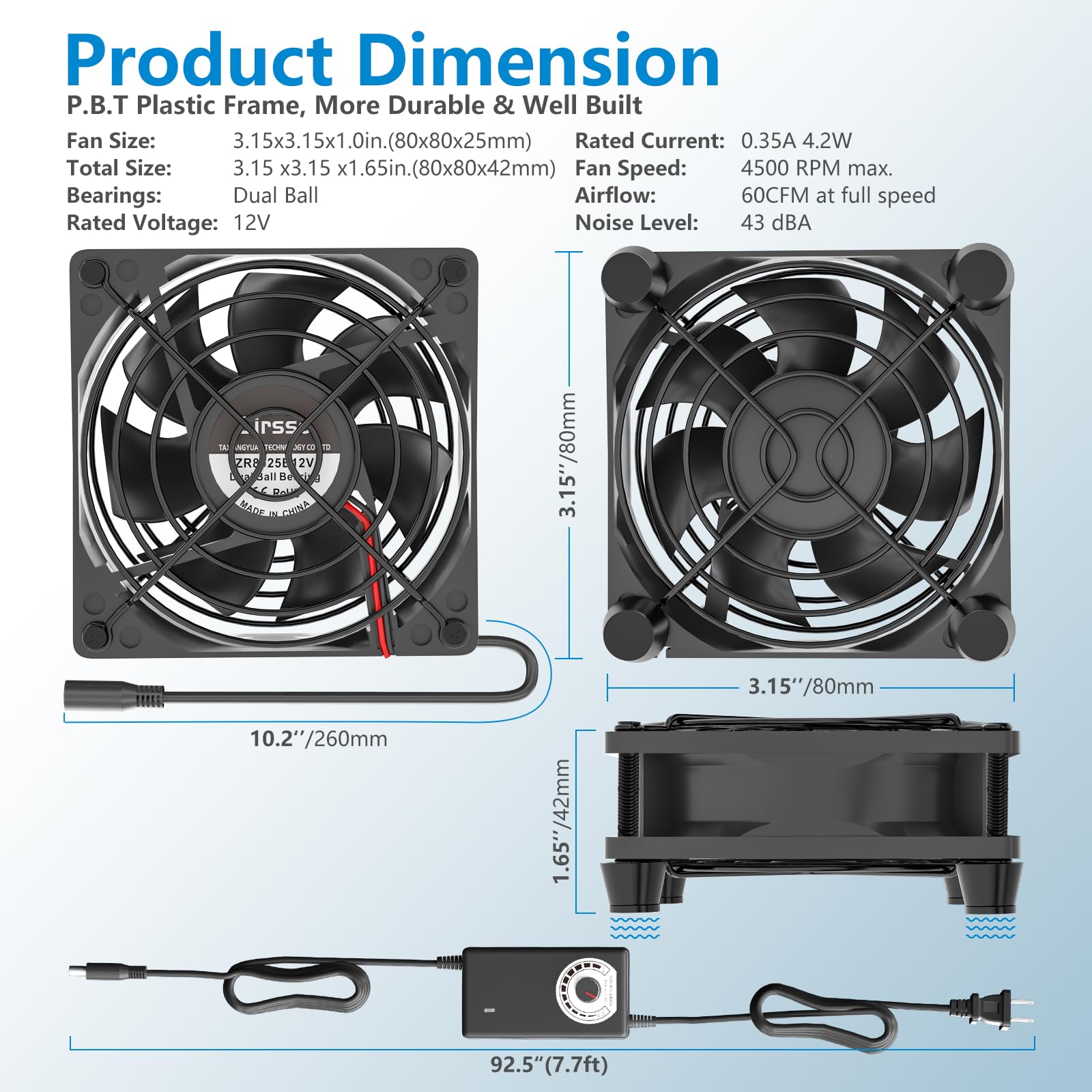 Wentylator komputerowy Zirsso 80 mm z wtyczką AC 110 V 120 V 220 V 240 V wentylator z regulatorem prędkości obrotowej do odbiornika DVR, Playstation, Xbox, chłodzenie obudowy