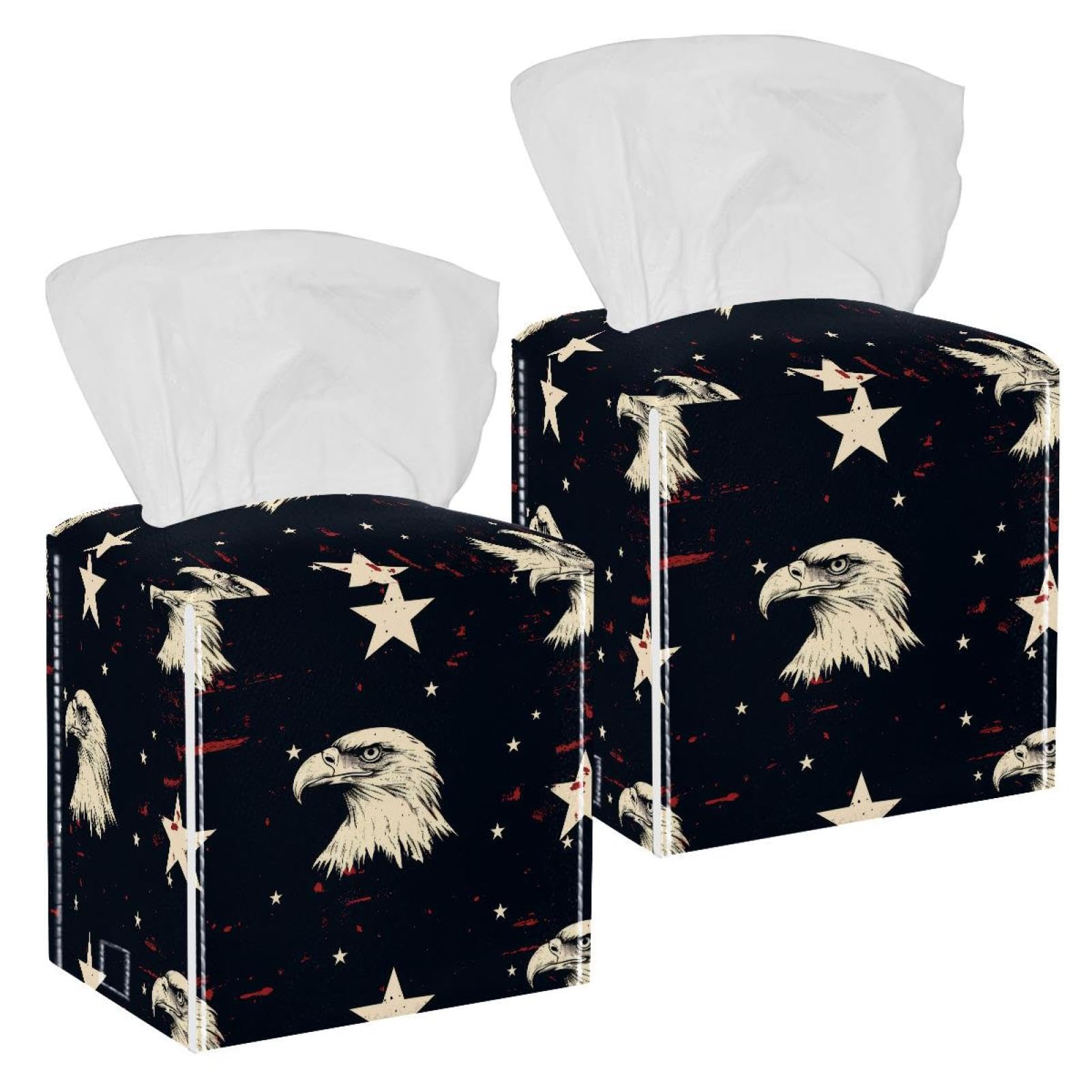 American Flag Stars Tissue Box Cover, 2 Pack PU Leather Square Facial Tissue Dispenser Box holder for Home Office Car