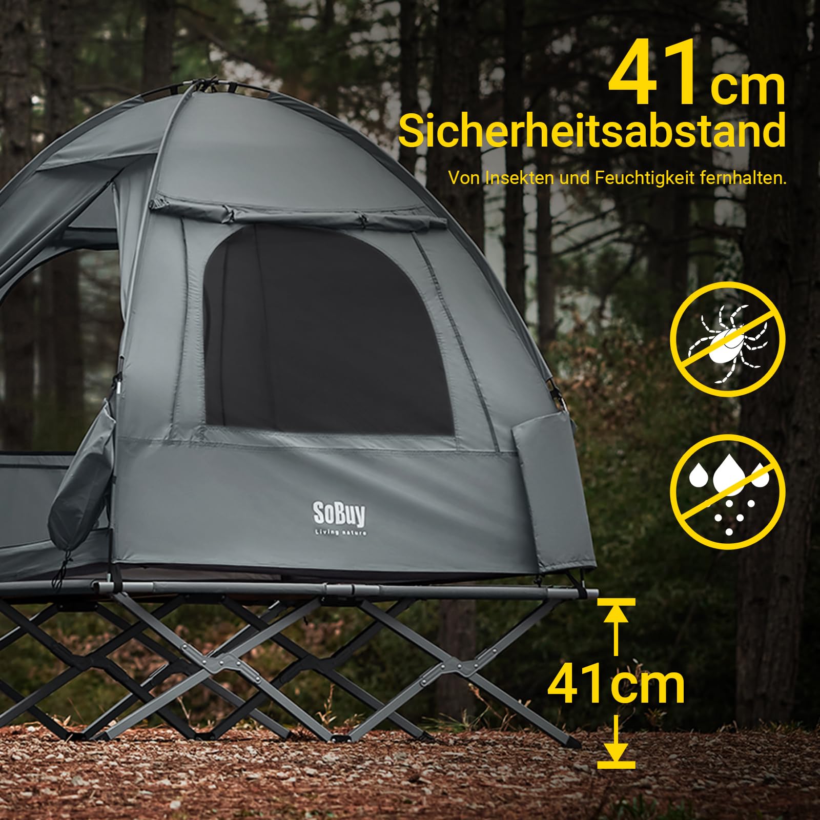 SoBuy Feldbett mit Zelt 2 Personen 4in1 Zelt auf Stelzen mit Rolltasche Wasserdichtes Campingbett Outdoor Campingliege Familienzelt ohne Matratze Angelzelt 193x188x145cm bis 180 kg OGS32-II-L-HG