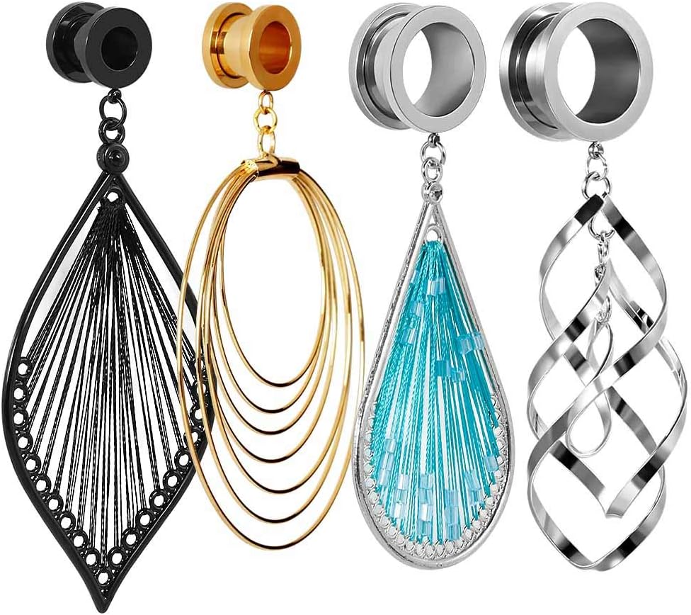 TBOSEN 8 PCS Stainless Steel Screw Ear Gauges Large Dangle Plugs Tunnels Expander Body Piercing Jewelry Set