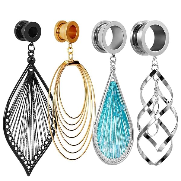 TBOSEN 8 PCS Stainless Steel Screw Ear Gauges Large Dangle Plugs Tunnels Expander Body Piercing Jewelry Set