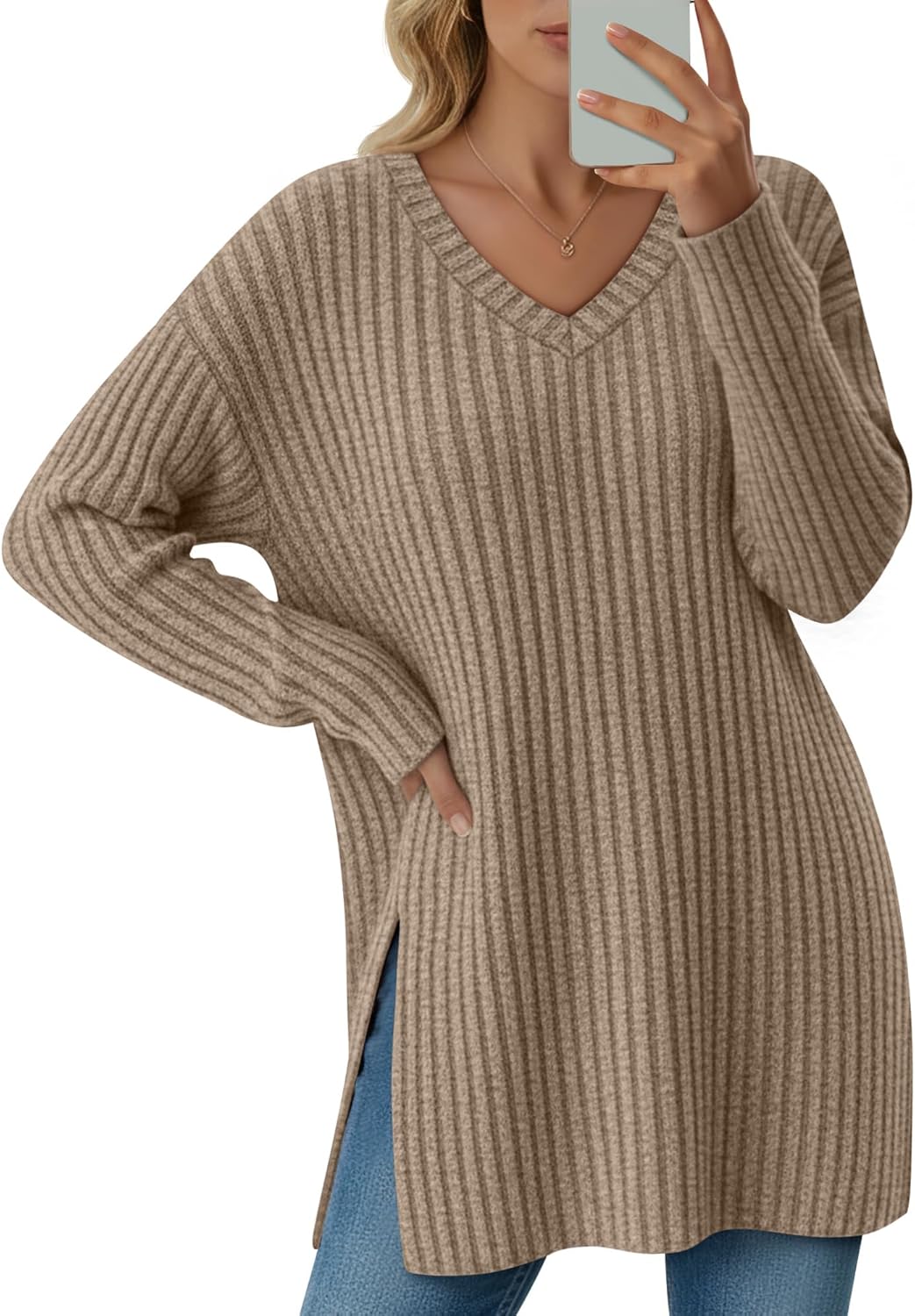 Women's Long Sleeve Sweater, V Neck Oversized Side Split Casual Top Loose Fit Lightweight Knit Pullover Sweaters