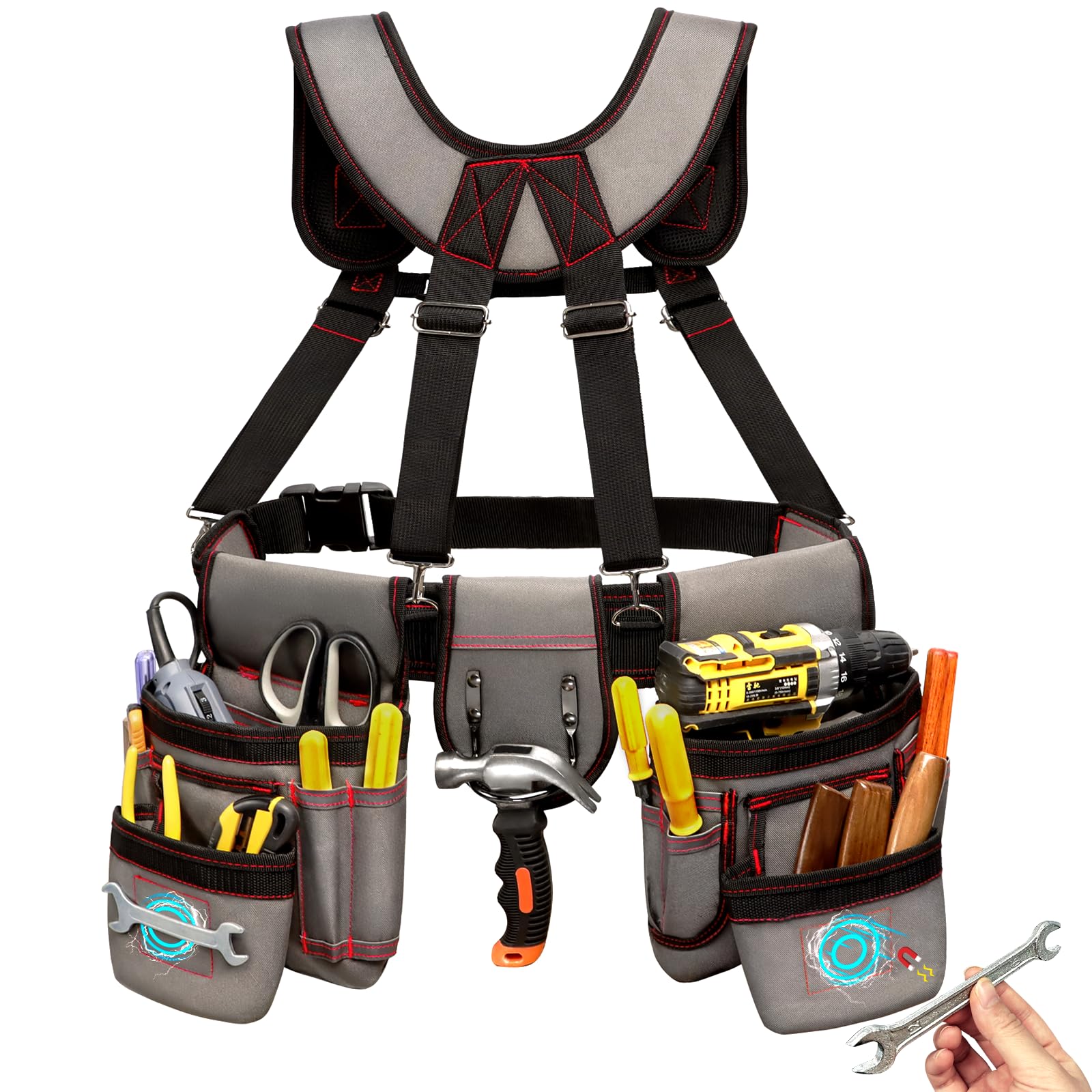 Tool Belt with Suspenders for Men, Heavy Duty Magnetic Tool Belts with 18 Pockets, Detachable 32 to 66 Inches Adjustable Waist Tool Belts for
