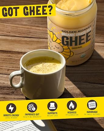 GOLDEN MONKEY Organic Ghee Butter Grass Fed Clarified Butter for Cooking, Baking, Keto & Gut Health Ghee Butter Organic Grass Fed from Small Farms Smooth Spread with High Smoke Point (8oz)