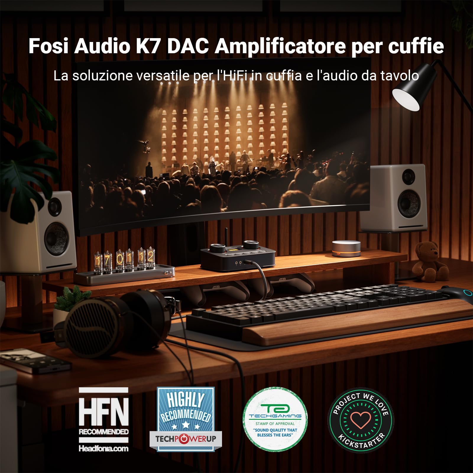 Fosi Audio K7 DAC Amplificatore Cuffie, USB C convertitore audio digitale/analogico per PC PS5, Ingresso Ottico/Coassiale/Bluetooth aptX HD LL/Microfono, Uscita Bilanciata/RCA da 3,5 mm/4,4 mm