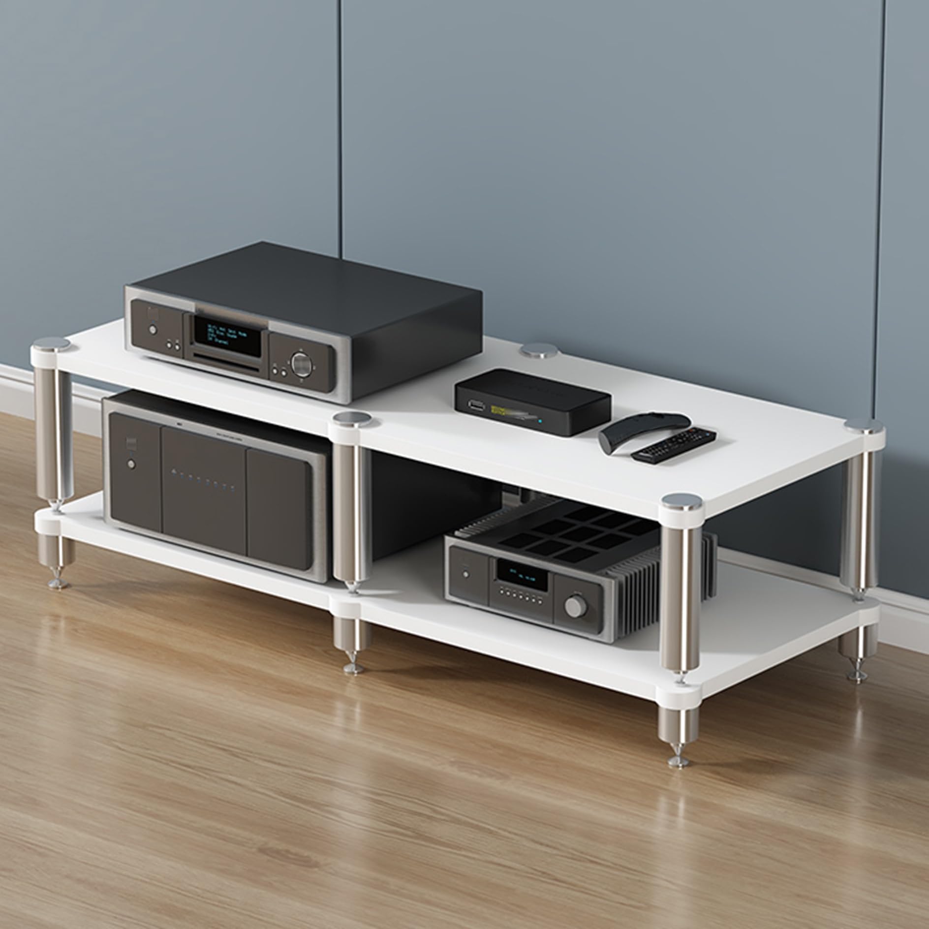 Supporto multimediale AV – Rack per console di gioco, proiettore, TV Box e router WiFi, elegante torre di archiviazione componenti da pavimento per una migliore esperienza audio