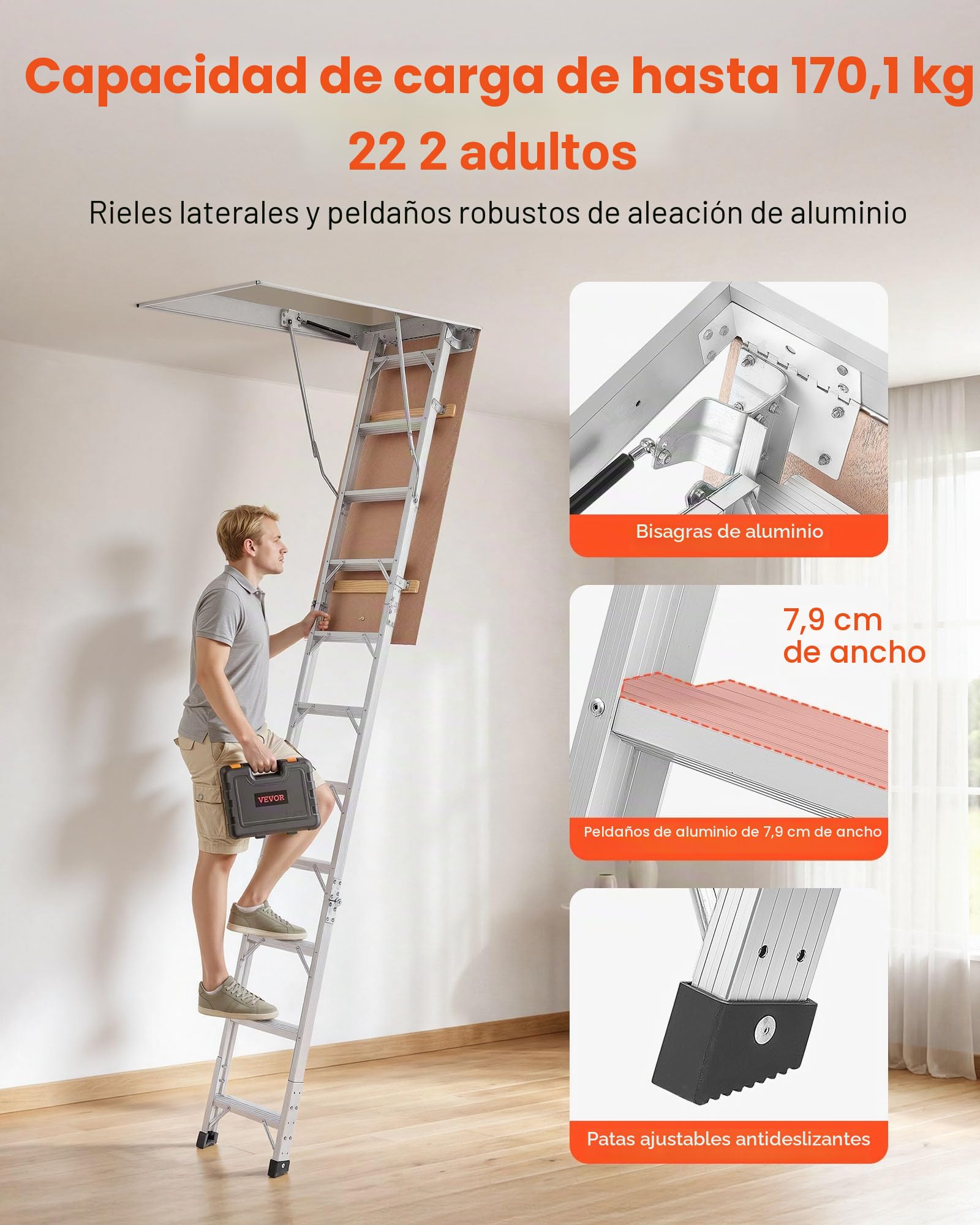 VEVOR Escalera Escamoteable de Aluminio para Techo, Escaleras de Ático Plegable con Trampilla, Cuerda de Tracción, Soporte Hidráulico, Altura Ajustable 2,34–3,15 m, Capacidad 170 kg, Ahorra Espacio