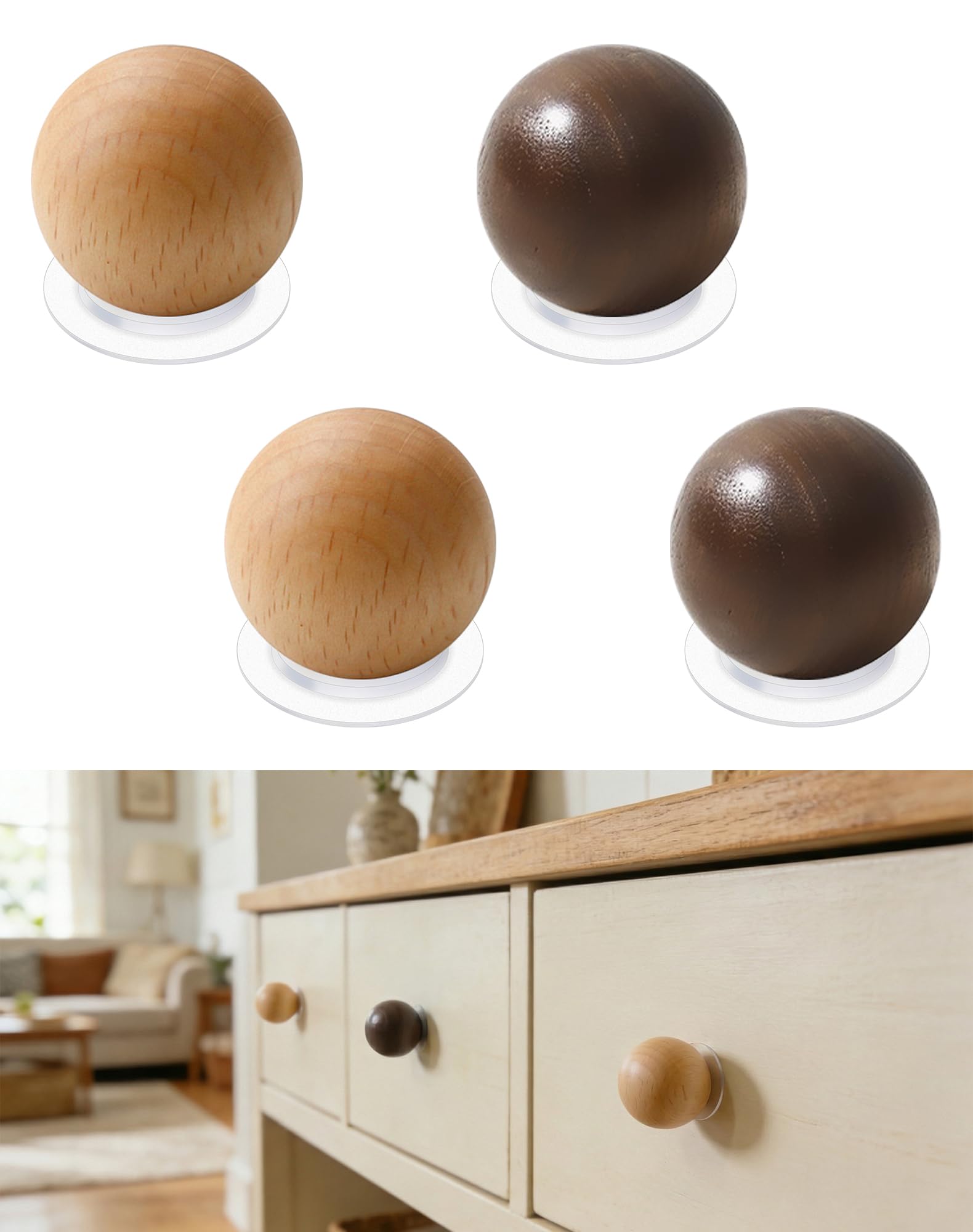 CcHhyyt 4 Pack Self Adhesive Knobs Wooden Stick On Drawer Pulls Natural Walnut Wood Cabinet Knobs Peel and Stick Handles Drill Free Round Ball Wooden Door Pull for Cupboard Closet Nursery Dressers — image 1