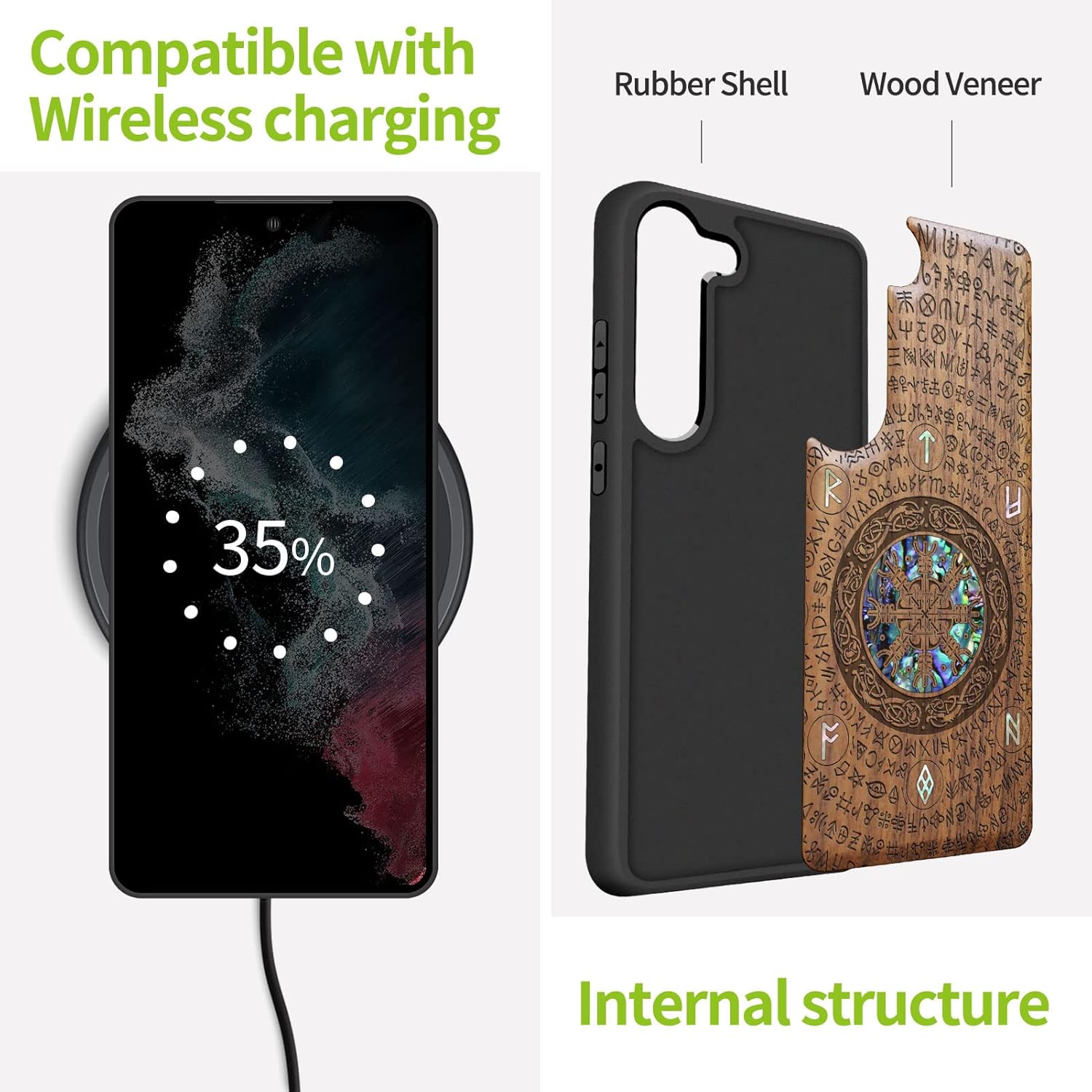 Carveit Designer Wooden Case for Samsung Galaxy S23 Plus Cover [Wood Engraving & Shell Inlay] Unique Wood Phone Case Compatible with Wireless Chargers Galaxy S23 Plus Case (Viking-Walnut)