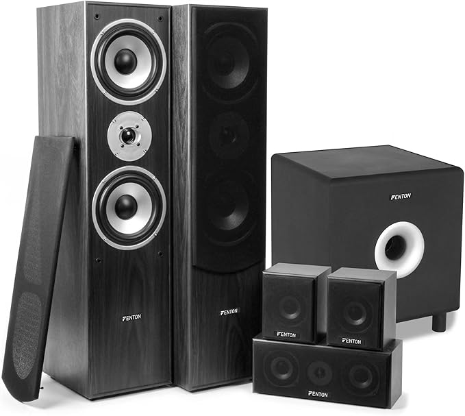 Fenton Sistema Cine en casa 5.1 con subwoofer Activo 200W, Altavoces pasivos Frontales, Traseros y Central, diseño Madera, Rejilla extraíble, Sonido Envolvente para películas y Gaming