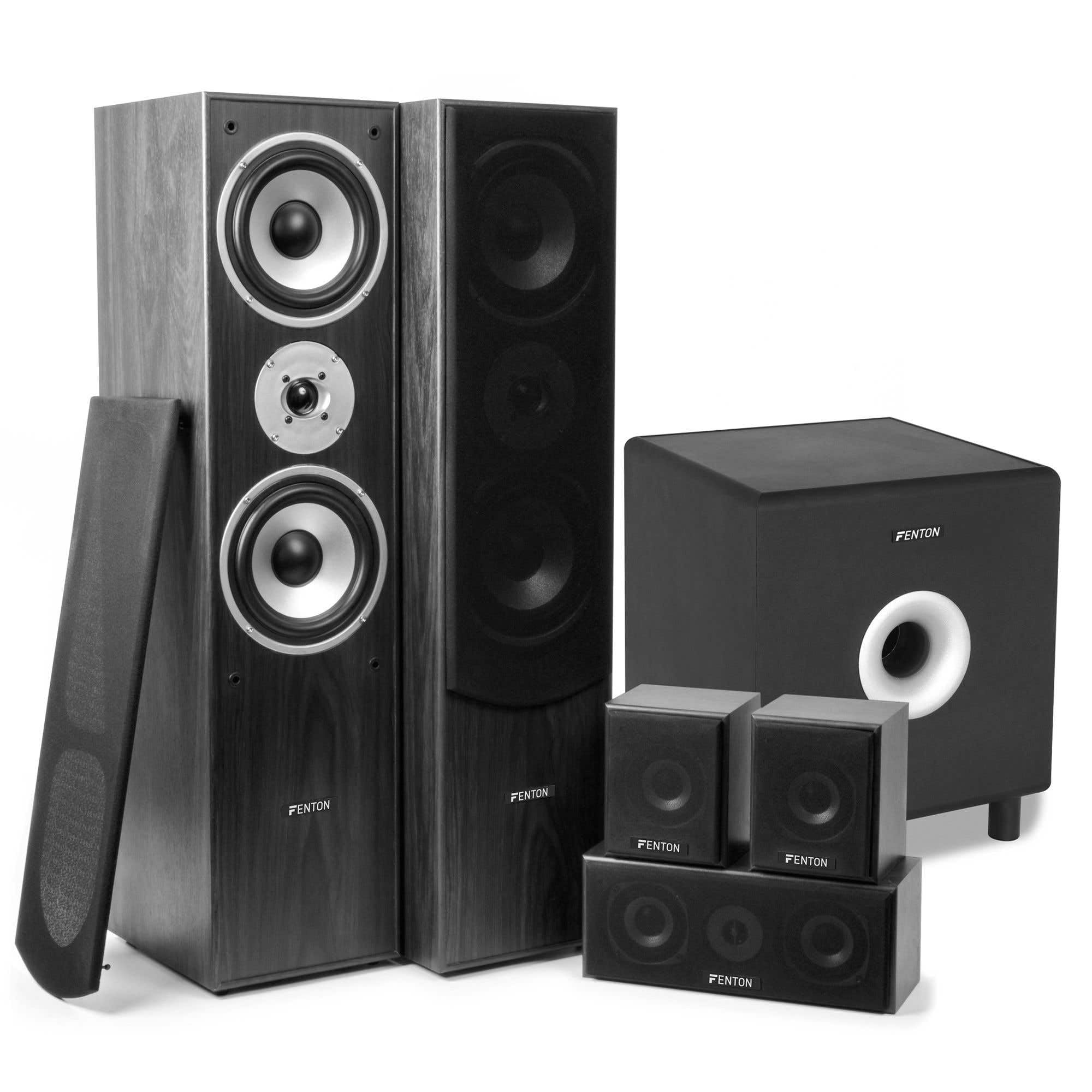 Fenton HF5B Sistema Home Cinema 5.1 con subwoofer Activo 8 Pulgadas | Altavoces frontales, central y traseros, Bass Reflex, crossover ajustable, compatible con receptores AV 5.1
