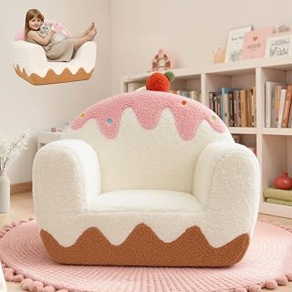 OUOZZZ Toddler Chair for Ages 1–6, Soft Sherpa Kids Sofa with Book Pocket & Carry Handle, Cozy Single-Seat Couch for Playroom or Bedroom, Christmas Birthday Gift for Girls (Ice Cream)