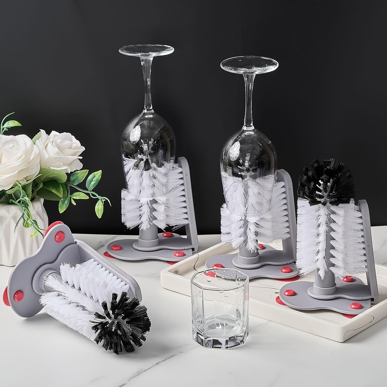 LemonRoad 4 Pack Cup Washer Double Bristle Brush with Suction Base Glass Cleaner for Kitchen Bar Sink Wine Glass, Beer Mug (7.48'')