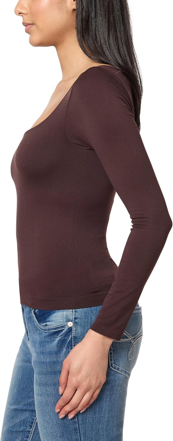 WallFlower Women's Ella Long Sleeve Seamless Jersey Square Neck Insta Smooth Top W/Shelf Bra