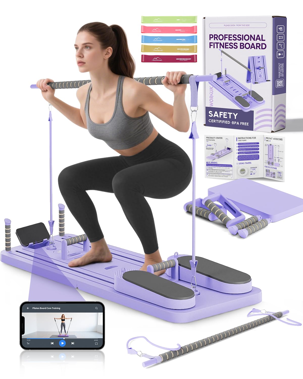 Pilates Board (inkl. 5er-Set Widerstandsbänder) – Multifunktioneller Pilates Reformer für Kern- und Bauchmuskeltraining, Premium Pilates Gerät für die Frauen-Hausfitness