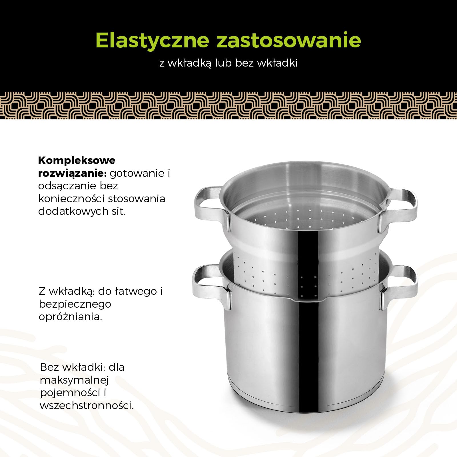 Be Living 3-częściowy garnek do makaronu – Ø 24 cm (7,5 l), duży garnek do gotowania makaronu ze stali nierdzewnej z sitkiem, indukcyjny garnek do spaghetti ze szklaną pokrywką, seria Vita