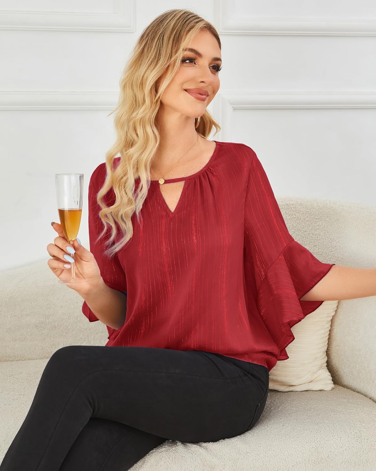 VALOLIA Women's Dressy Tops Elegant Chiffon Blouses 3/4 Ruffle Sleeve Sparkly Cocktail Tops Work Shirts Crewneck - Image 3