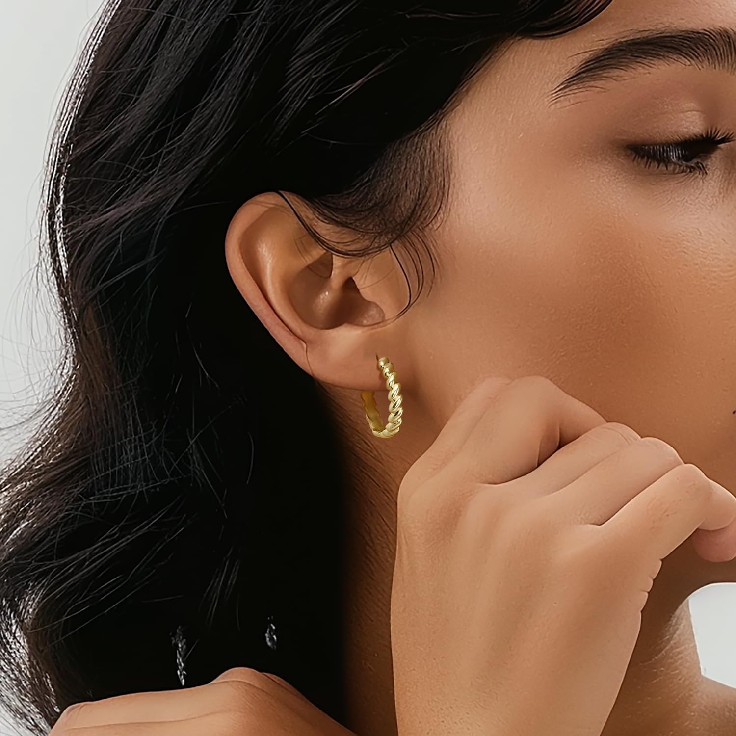 14K Gold Earrings for Women Gold Hoop Earrings for Women Dainty Gold Hoops Earring for Womens Minimalist Round-edge Twisted Texture Hoops Earring for Womens - Image 5