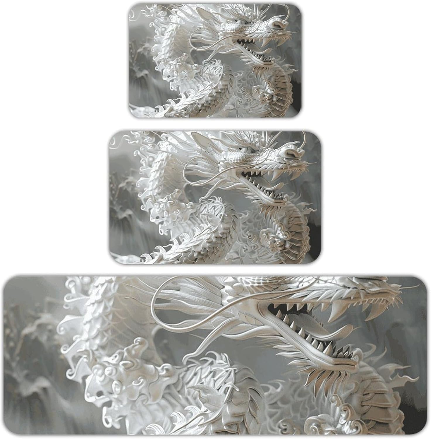 White Dragon Style Kitchen Mats for Floor 3 Pcs Kitchen Rugs