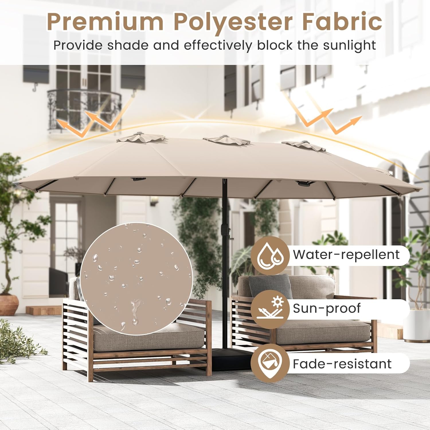 BECOMFORT 15Ft Large Double Side Patio Umbrella w/Base Included, Extra Large Outdoor Umbrella w/ 12 Metal Ribs, Air Vents, Crank System & Sand Bags, Twin Umbrella For Garden Backyard Pool (Coffee)