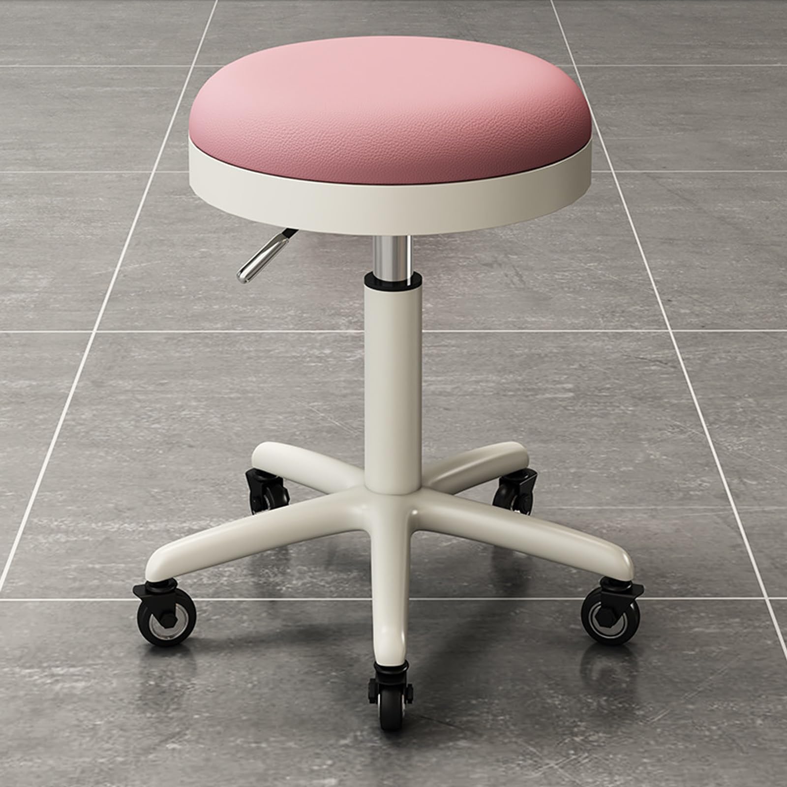 Taboret Kosmetyczny do Pedicure z Kółkami Regulacją Wysokości 47-64cm | Stołek Roboczy Obrotowy, Wypełnienie Gąbkowe Dwuwarstwowe, Okrągłe Taborety ze Skóry PU, do Domu Magazynu i Sklepu(Natural)