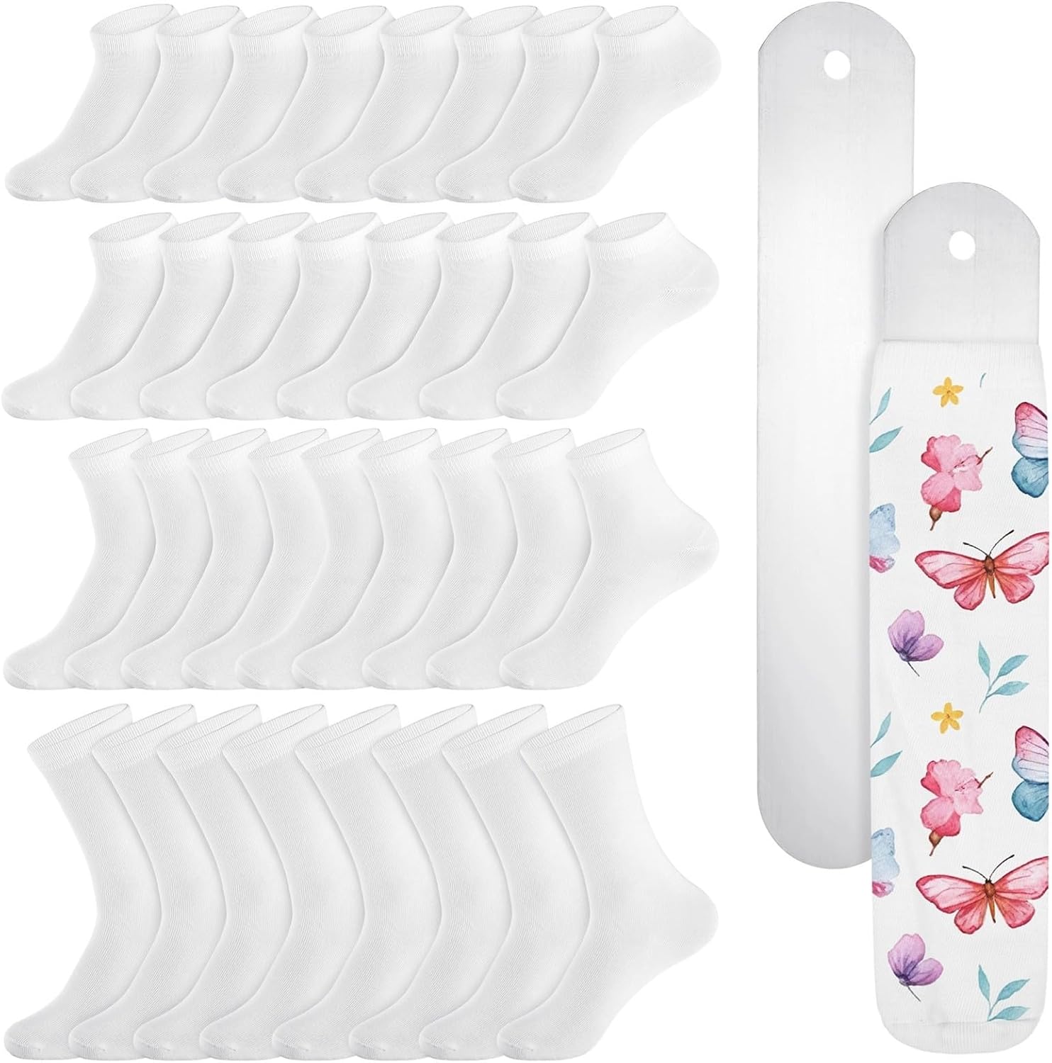 Sublimation Socks with Sublimation Sock Jigs, White Polyester Socks, 48 Pairs Heat Transfer Socks in Four Sizes, DIY