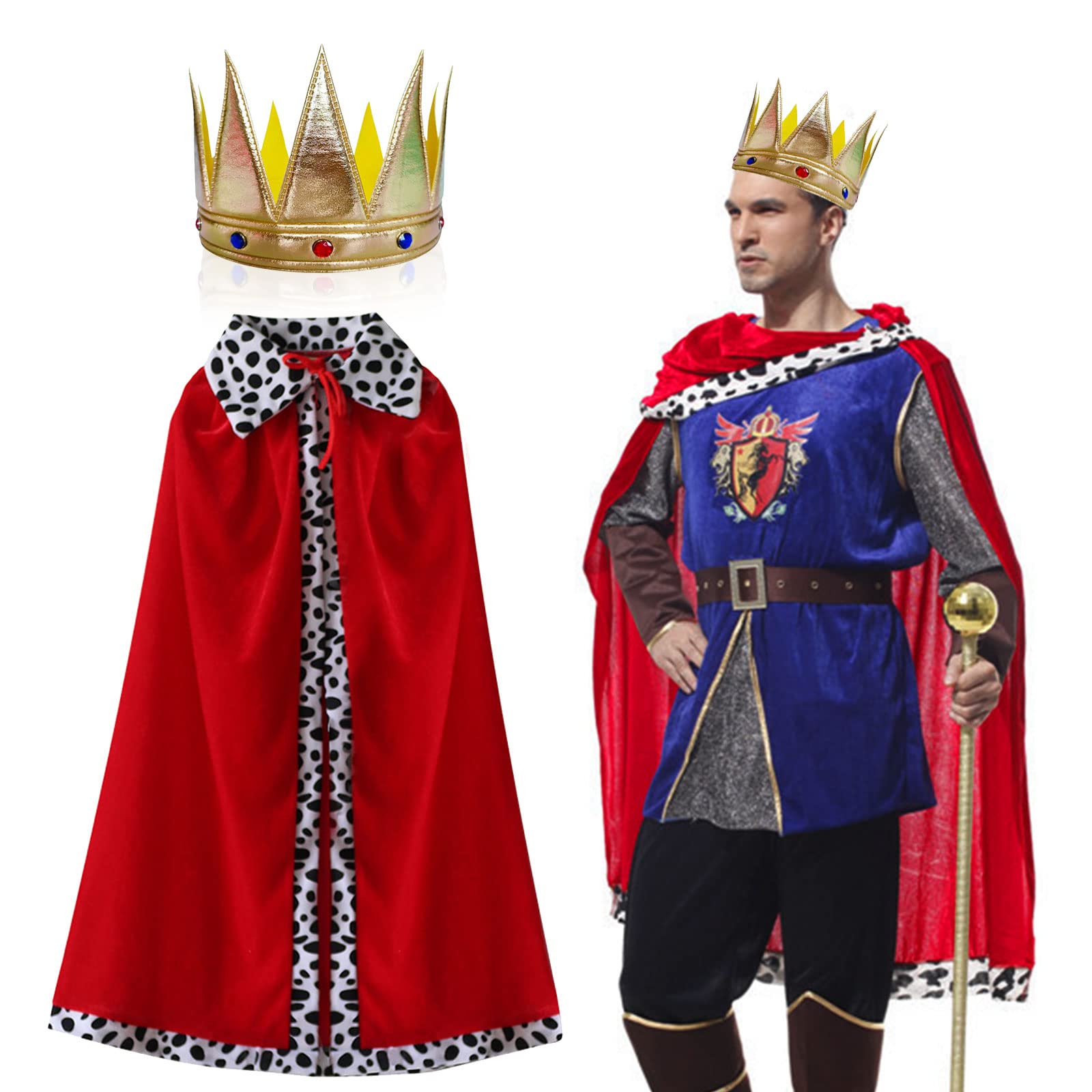 MIVAIUN Albornoz para adultos, bata de reina con corona, disfraz de rey y reina, disfraz de terciopelo rojo, capa real para Halloween, Navidad, carnaval, juego de rol, para hombres y mujeres, 120 cm