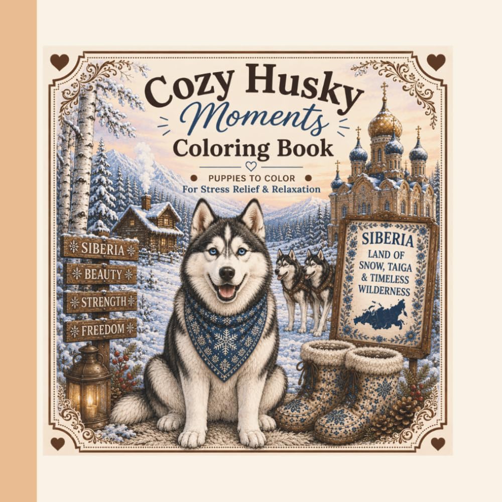 Cozy Husky Moments: Coloring Book For Stress Relief & Relaxation