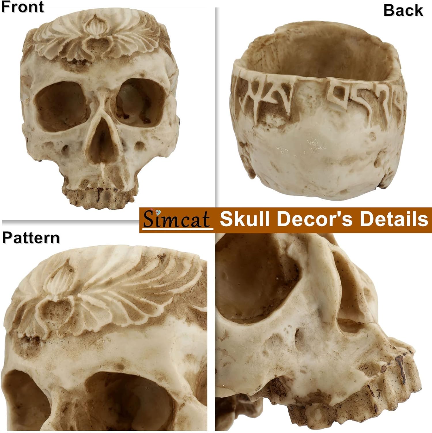 Simcat Resin Skull Planter Flower Succulents Pot Carved Skeleton Flowerpot Sugar Cactus Planter Pots Holder Candy Bowl Halloween Statue Sculpture Skeleton Decor for Home Office