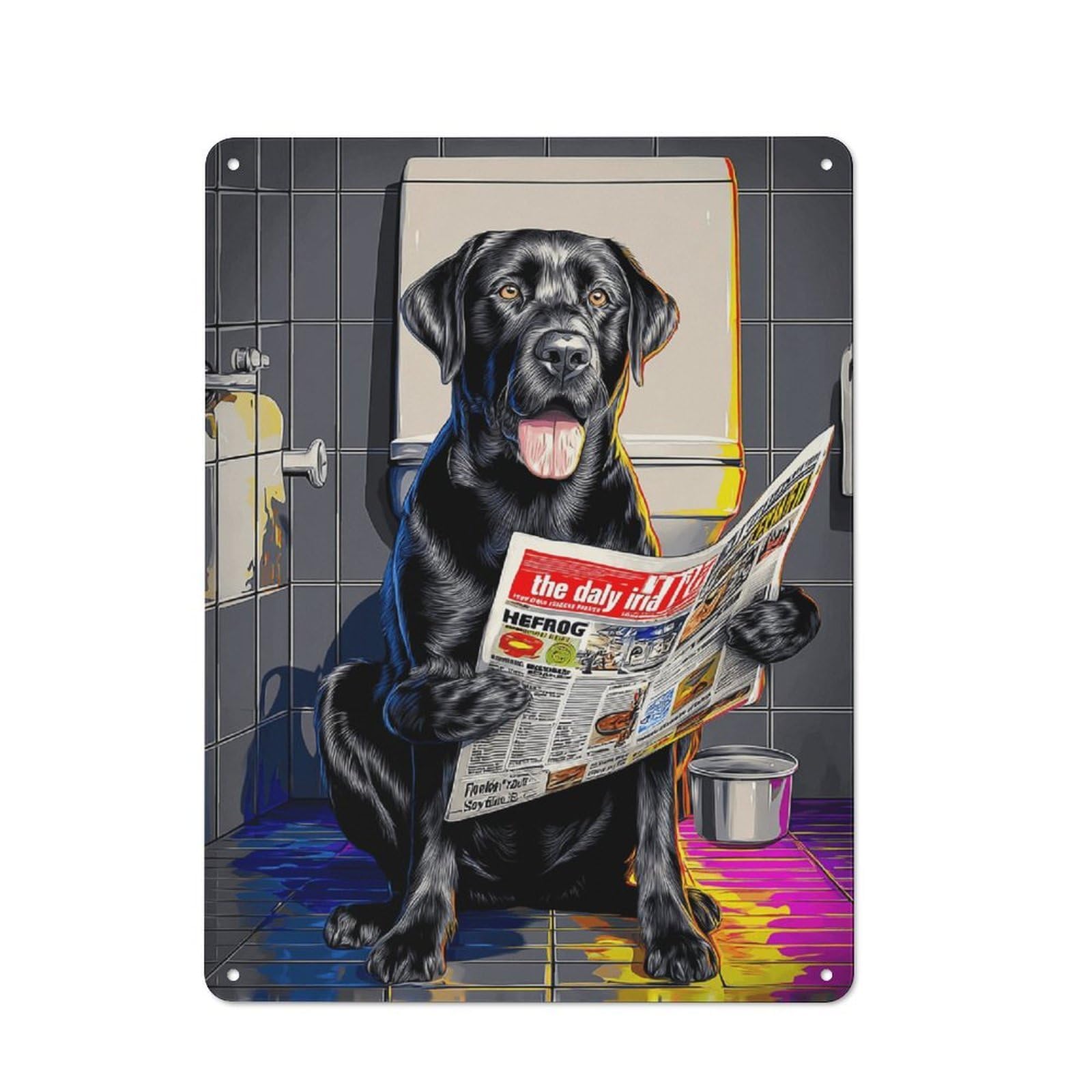 Modern Vintage Dog Reading Newspaper on Toilet -10 Metal Desk Wall Sign 40x30cm, Office Wall Decor for Office, Study, Studio Or Hallway