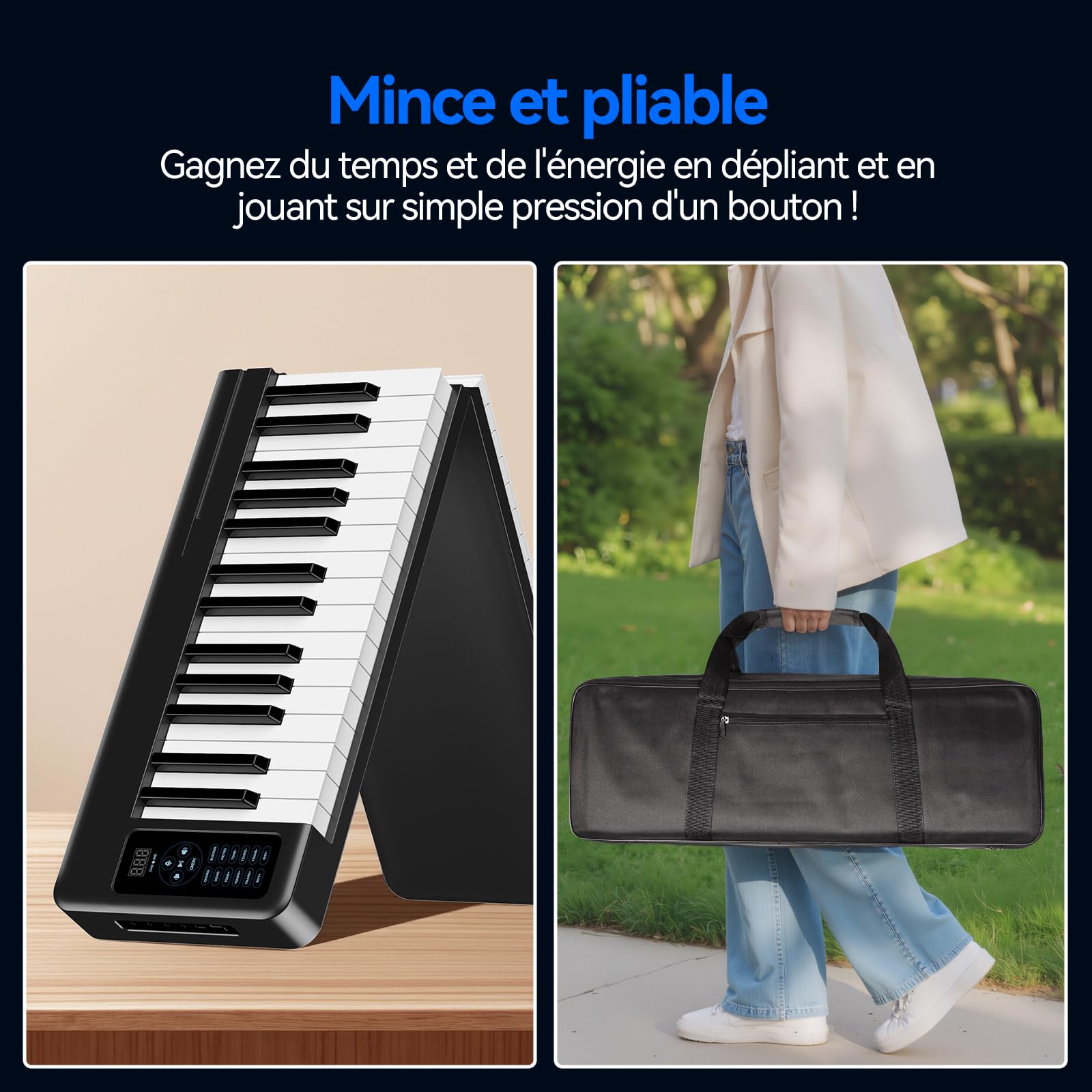 Rhymo Clavier de piano pliant, piano électrique sensible à 61 touches, clavier électrique portable lesté avec Bluetooth MIDI, clavier numérique pliable pour débutant