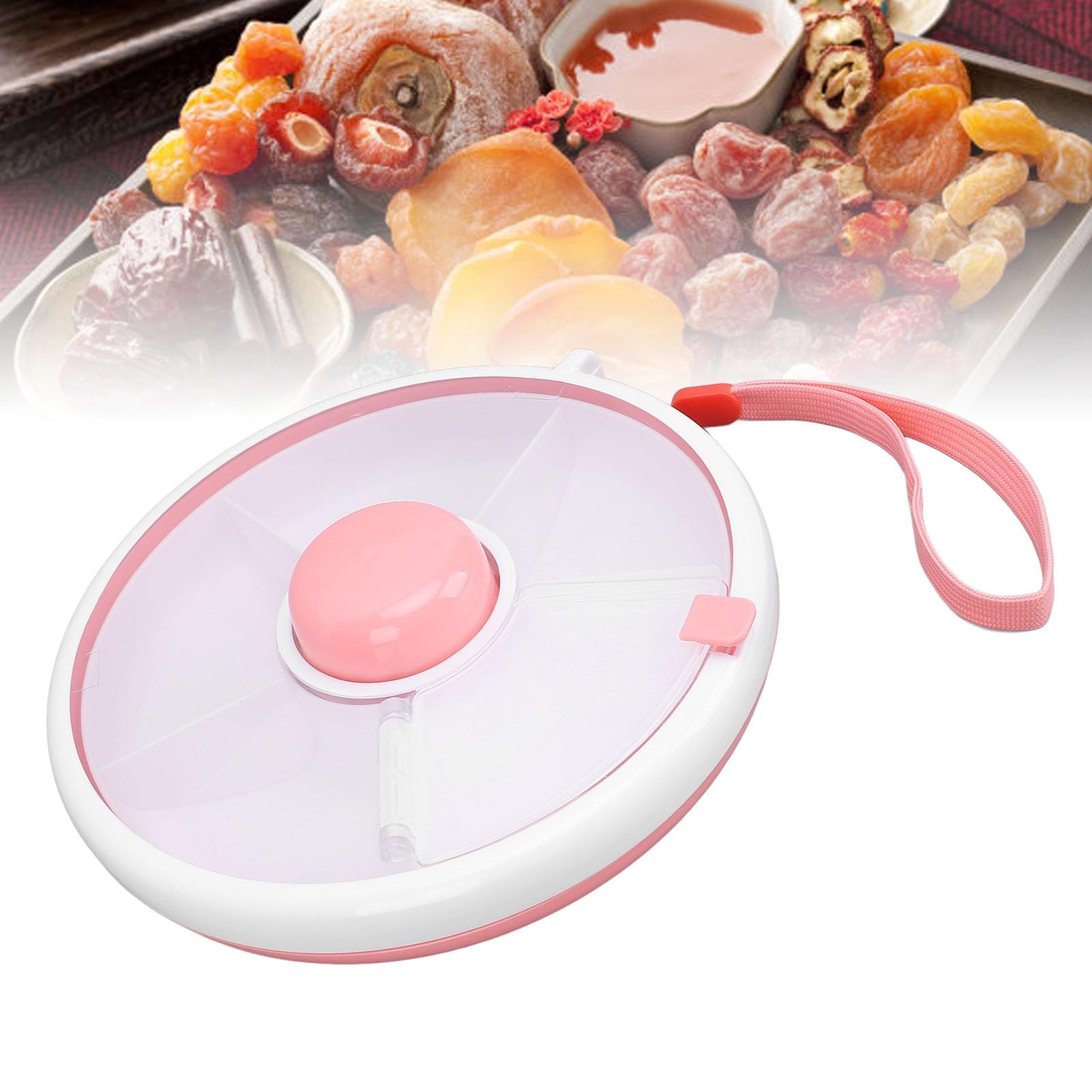 Contenitore per snack girevole per bambini, sigillo per frutta portatile sigillato a 5 scomparti con vassoio per snack con cinturino da mano per viaggi per adulti Viaggio a casa per bambini(Rosa)