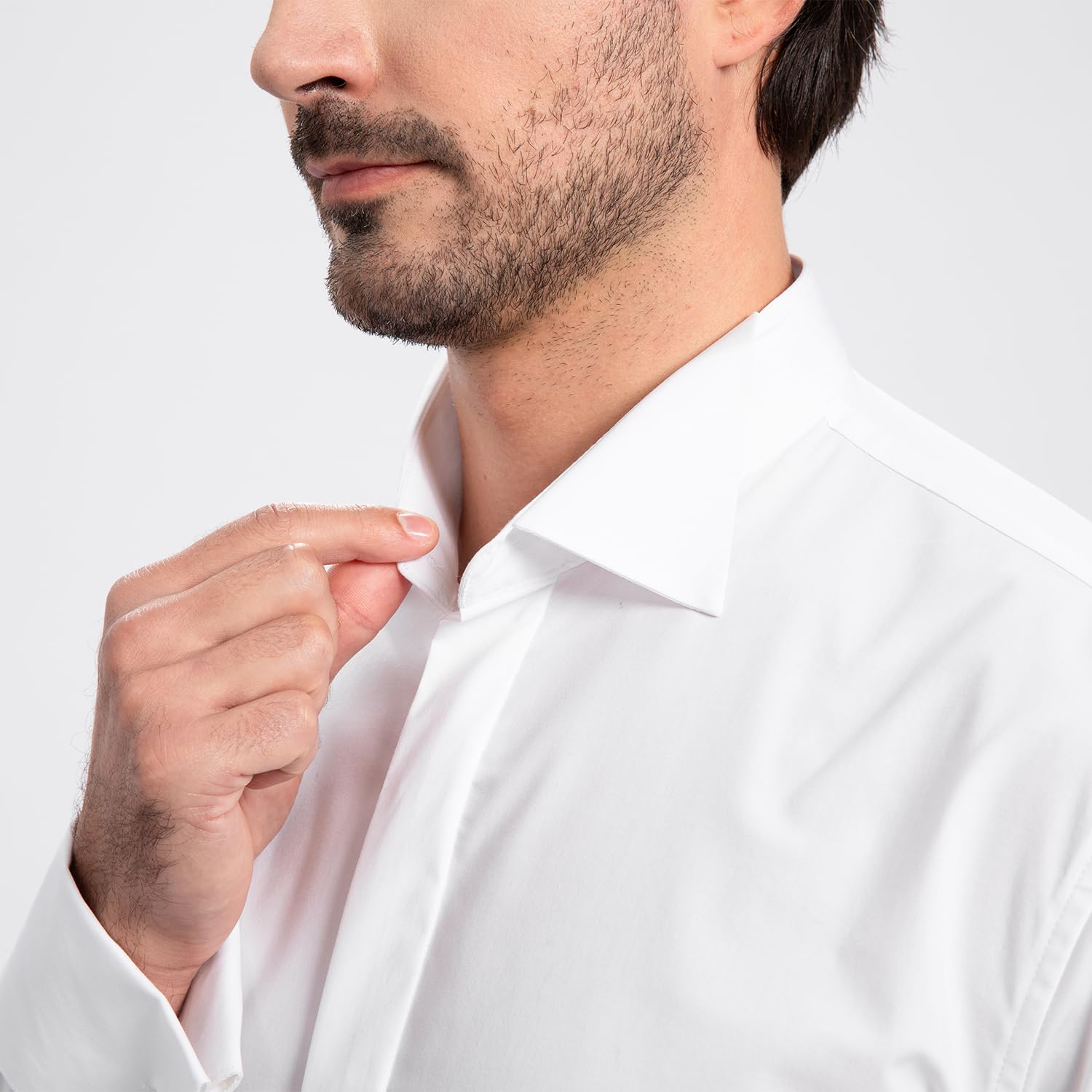 Camicia da smoking da uomo con colletto ad ala nascosta abbottonatura francese elasticizzata camicia formale a maniche lunghe tinta unita