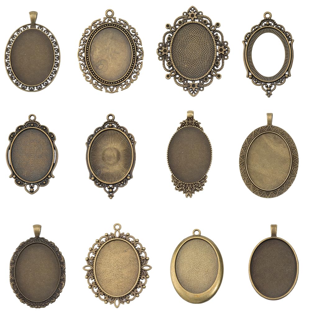 SUNNYCLUE 1 Box 12Pcs 12 Styles Bezel Pendant Blanks Bronze Pendant Trays Bulk Antique Frame Metal Cameo Oval Photo Charms for Jewellery Making DIY Craft Bouquet Bridal Wedding Brides Graduation Women