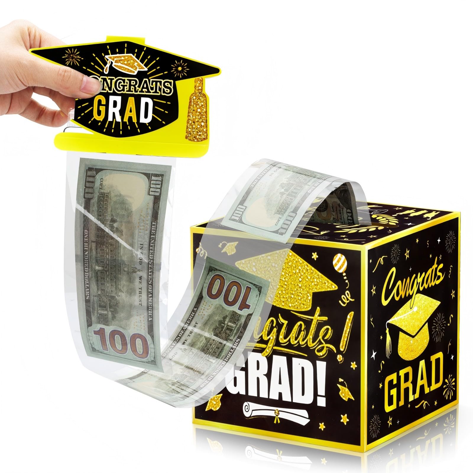 2025 Graduation Money Box for Cash Gift Pull, Gifts for Women & Men in High School or College, Fun Surprise Money Holder for Grads with Pull Out Card and 50 Plastic Bags (Black Gold)