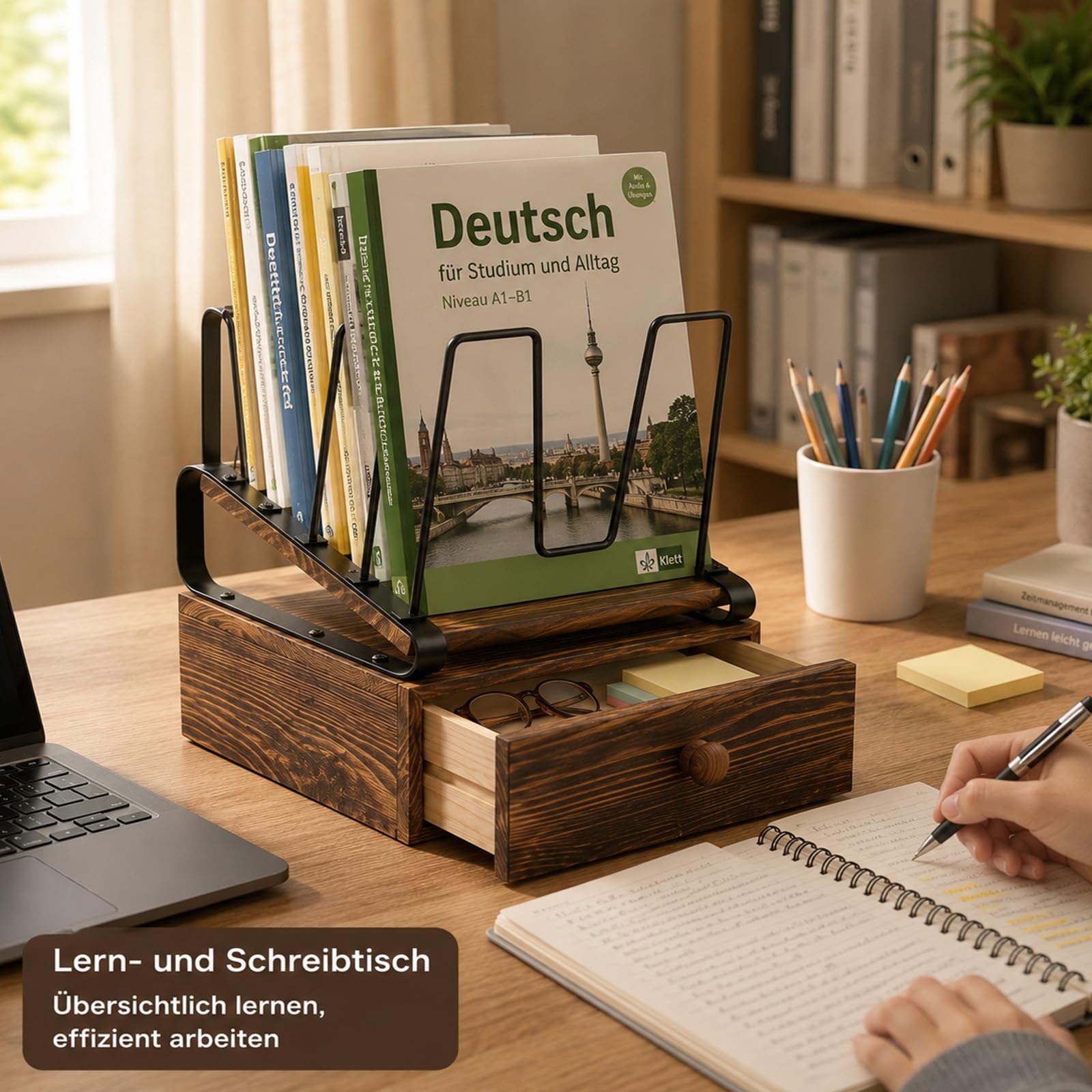 Büro Dokumentenablage Holz, Briefablage A4, Schreibtisch Organizer Holz | 5 Ebenen, Desk, Schublade, Stehsammler Papierablage für Home Office Regal, Schule und Aktenordnung