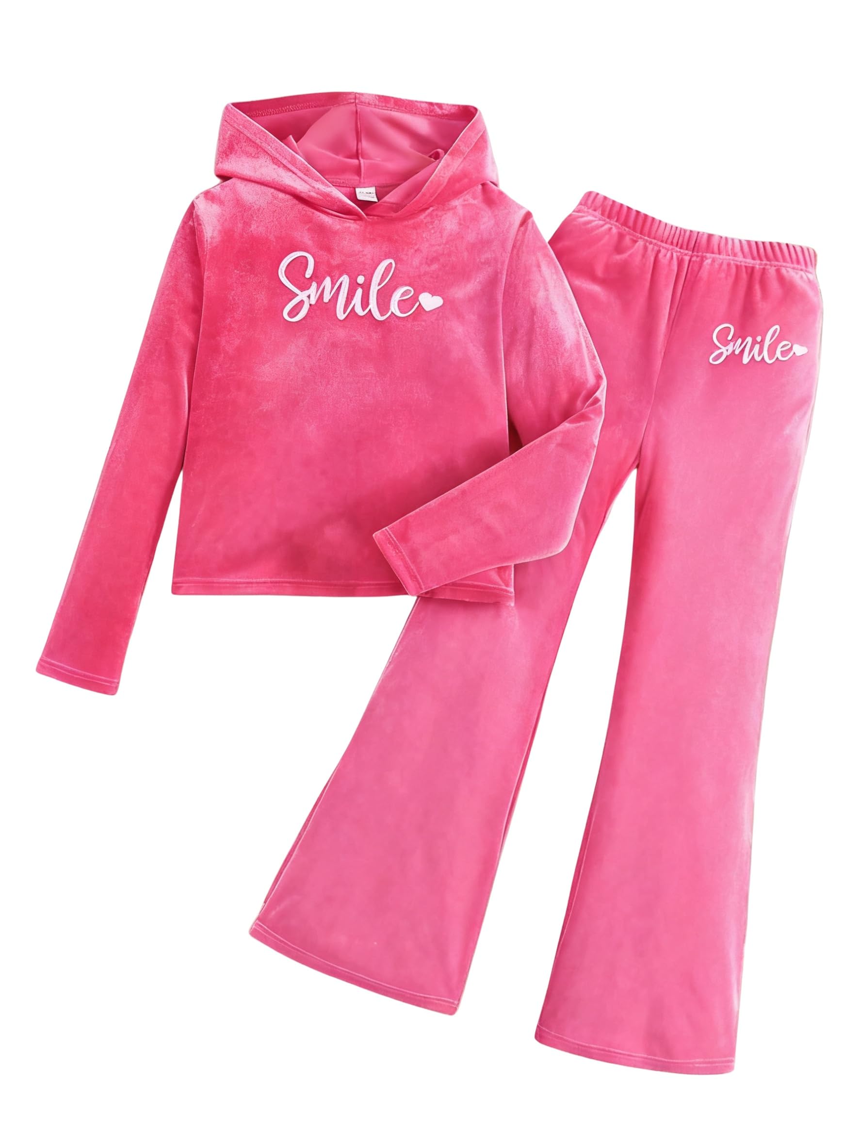 6-13 Years Girls Clothing Heart Print Hoodie Top + Heart Print Flare Leg Pants 2PC Clothing Set