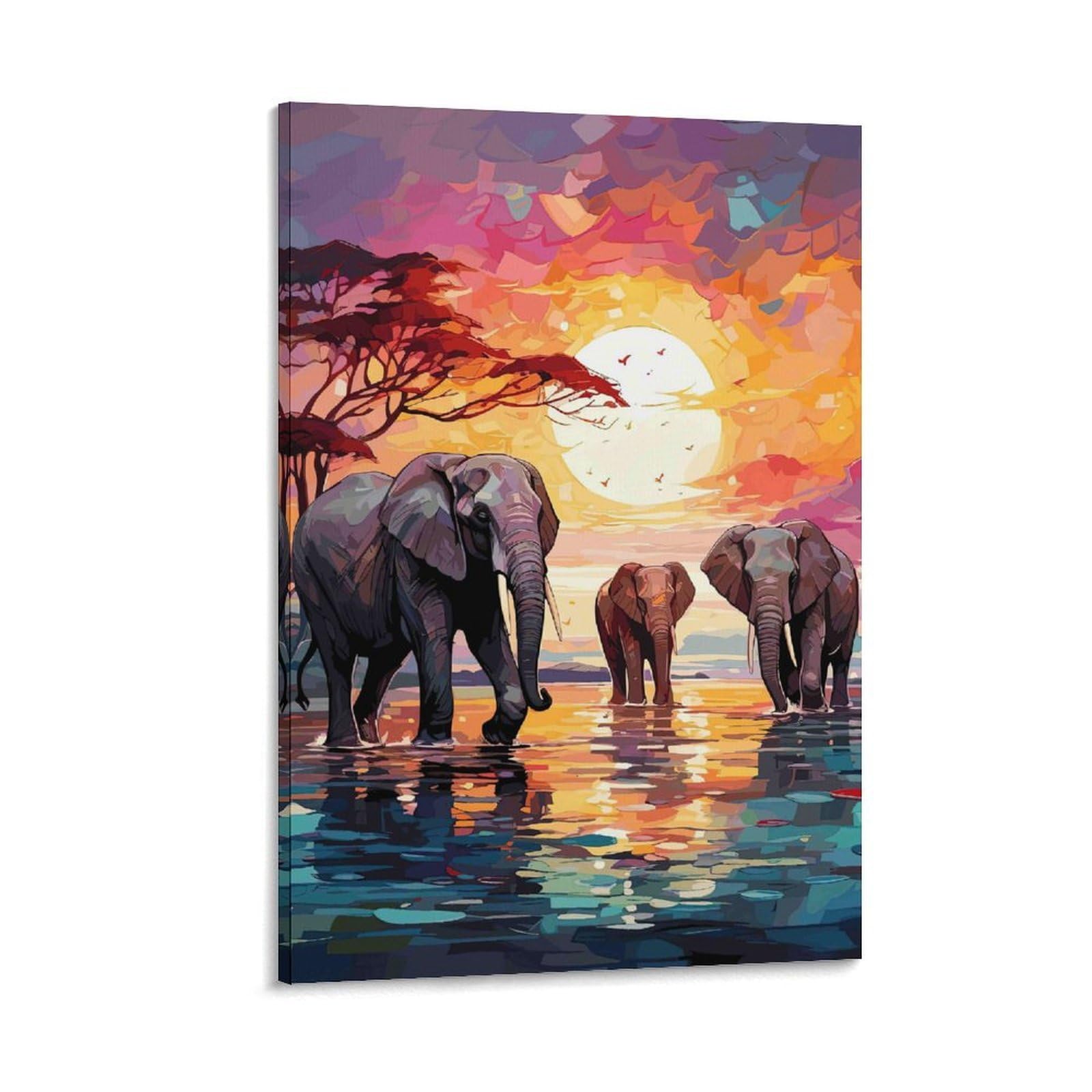 DHBANEIOK Elephant Sunset Scene Poster Artwork Giclee Canvas Prints Modern Canvas Wall Art Picture Wall Hanging for Home Decorations 20x30inch(50x75cm)