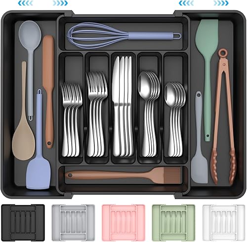 Organizador de cubiertos expandible extragrande, sin BPA, apto para alimentos, organizador de cajones de utensilios de cocina, soporte ajustable